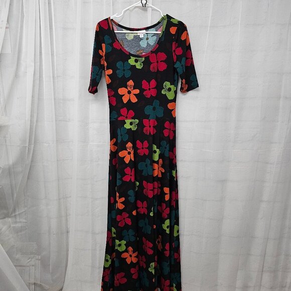 LuLaRoe Black Multi-Color Floral Maxi Dress Tee Boho Retro Grunge M - Picture 8 of 11